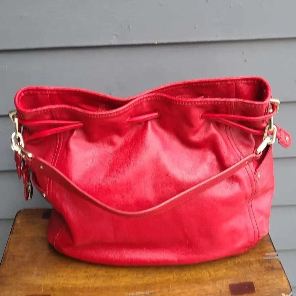 Cole Haan Red Leather Large Side Pull Drawstring Hobo Bag NWOT!